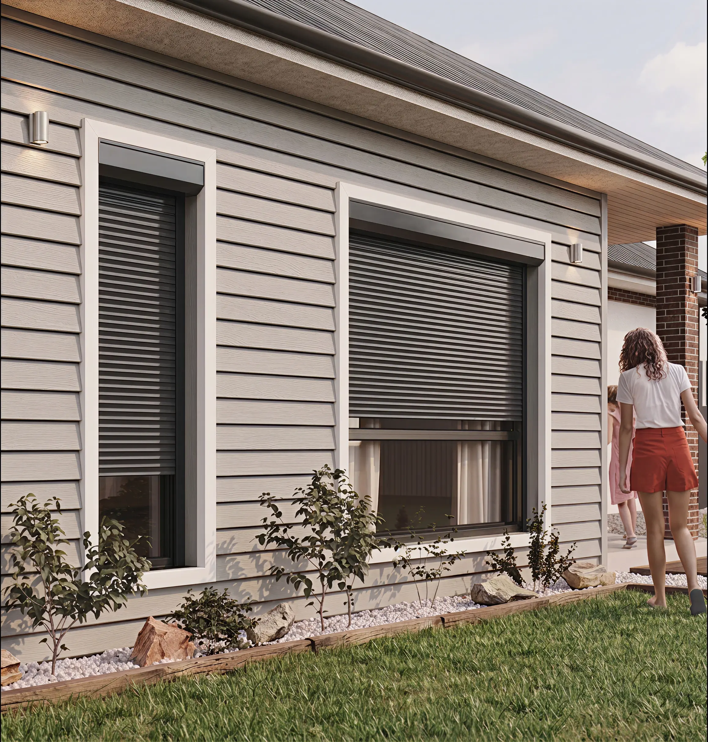 Australian home with Modern roller shutters fitted to street-facing windows