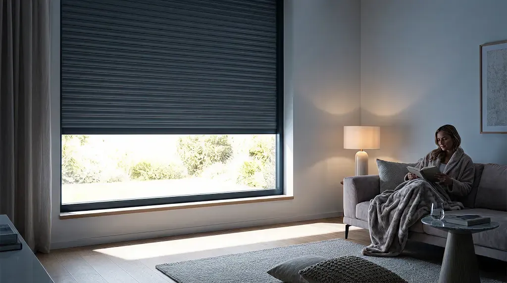 Woman reading on a sofa beside a window covered by a closed roller shutter