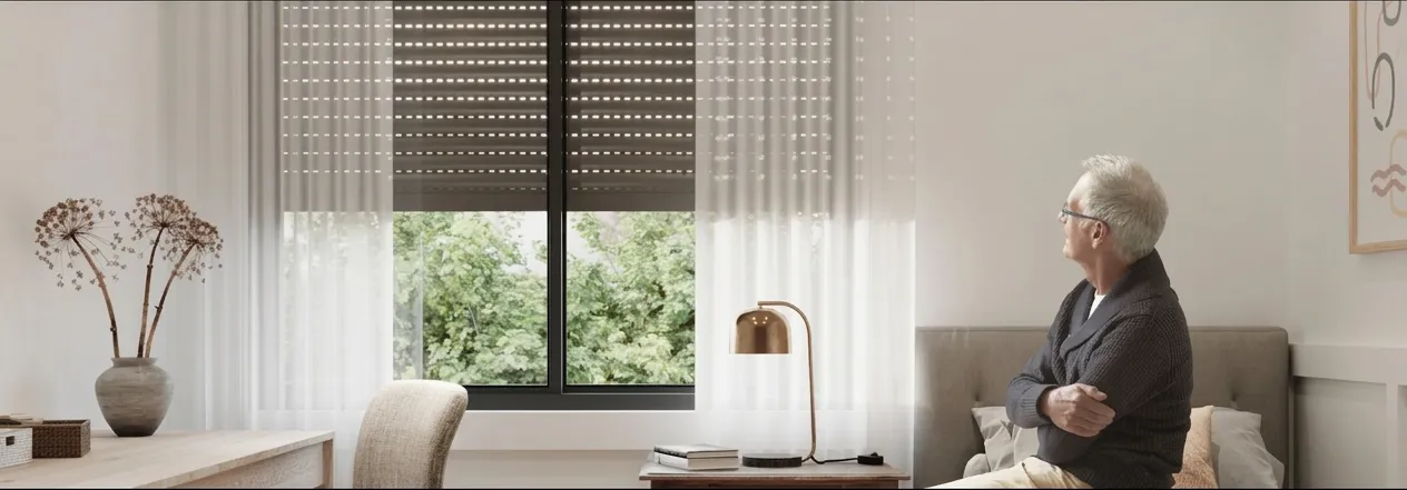 Person waking up in a quiet bedroom with morning light